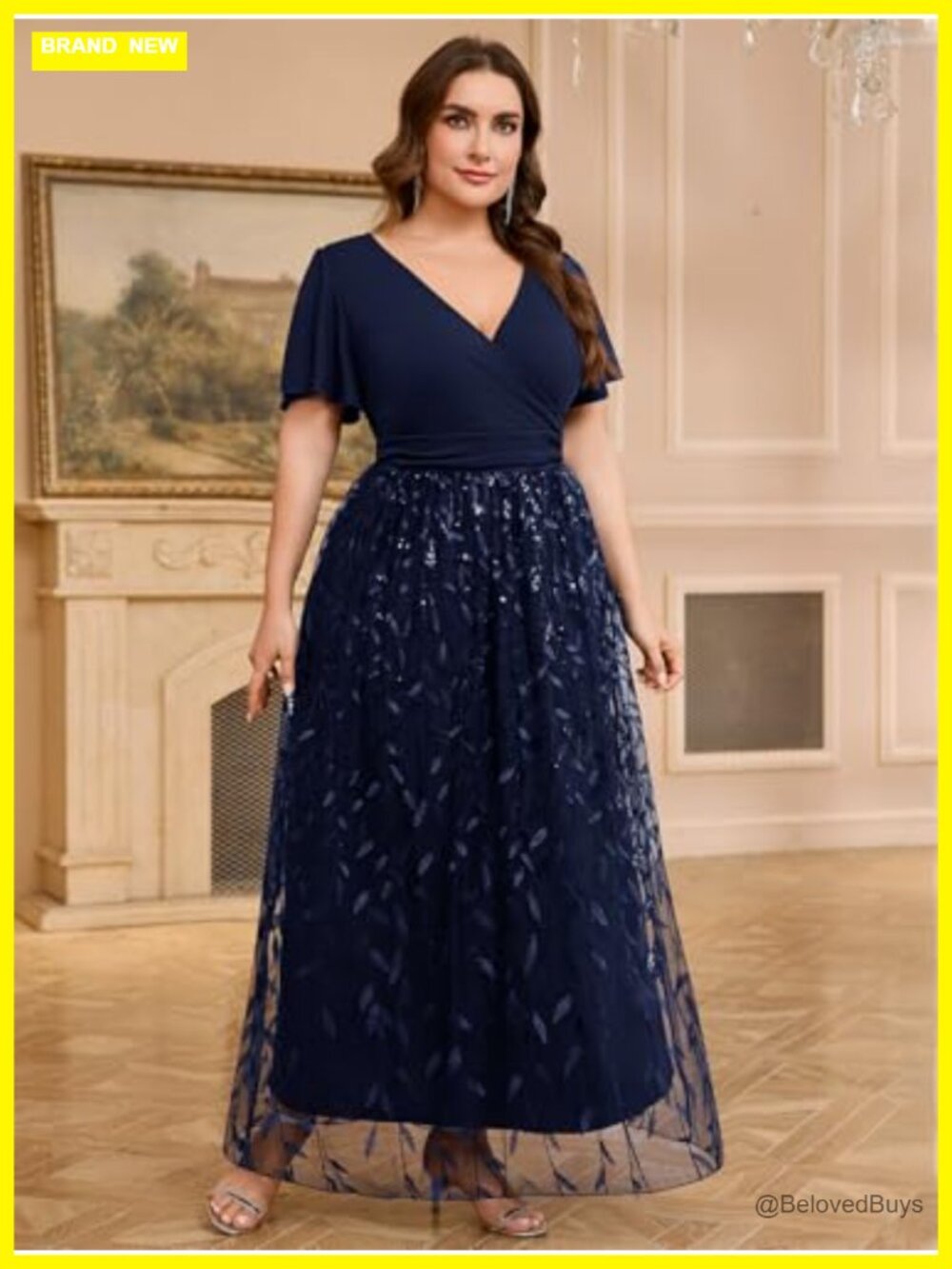 Plus Size Sequin Tulle Formal Maxi Dress V-Neck A-Line Ruffle Sleeve Prom - Picture 2 of 6